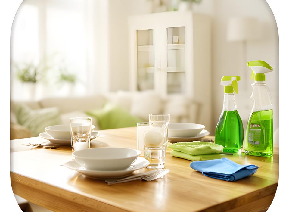 Helle Gründerzeitwohnung mit sorgfältig gedecktem Tisch und frischen Reinigungsutensilien in Wien
