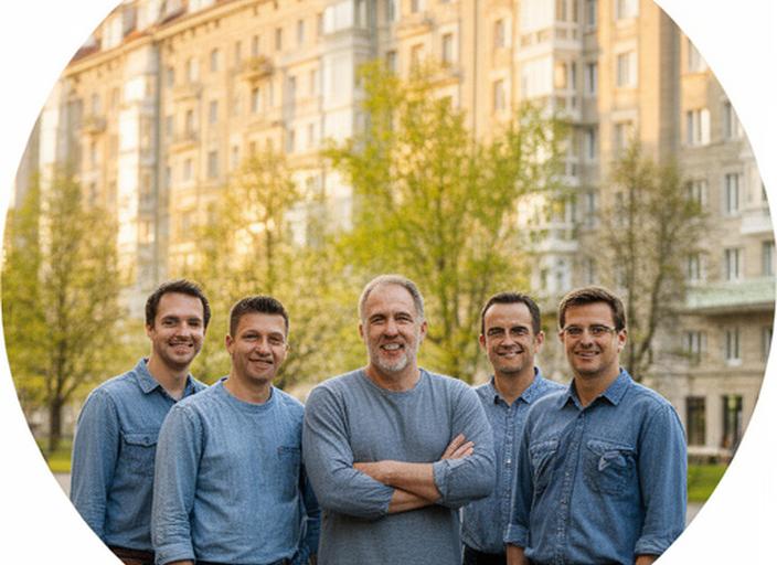 Freundliches Team vor einem Wiener Bezirkshaus in der Landstraße mit warmem Morgenlicht